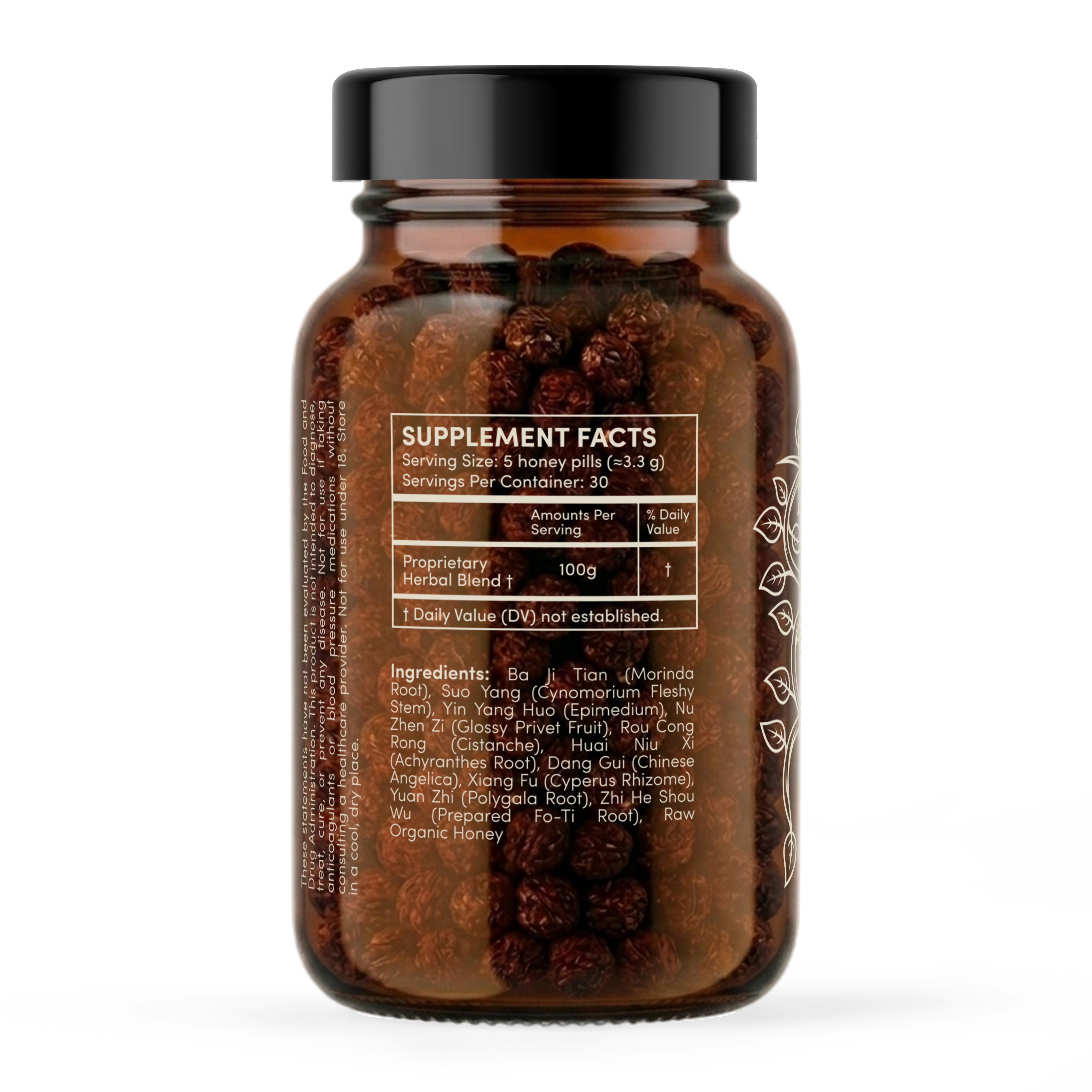 Wood Rx bottle left view – ten-herb traditional Chinese men's vitality formula, 150 honey pearls