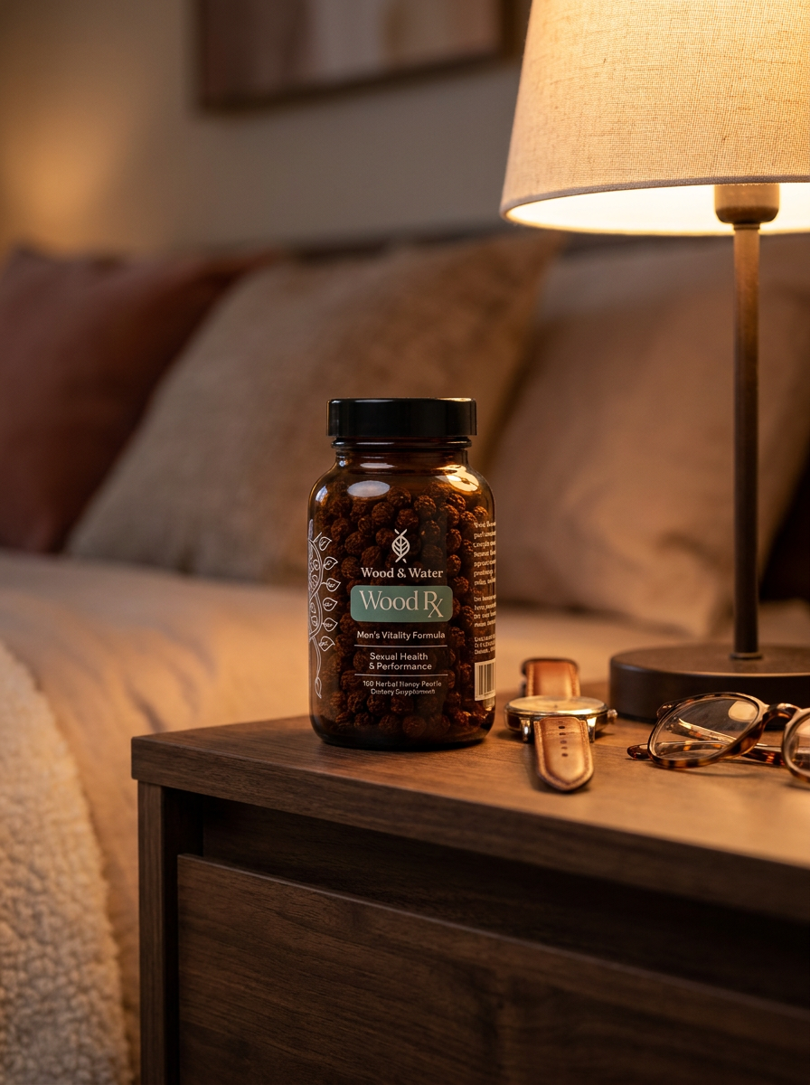 Wood Rx men's vitality supplement on nightstand – daily herbal formula supporting libido and energy