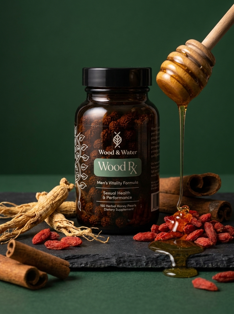 Wood Rx herbal honey pearls bottle with ginseng, goji berries, cinnamon and honey – traditional Chinese men's vitality formula
