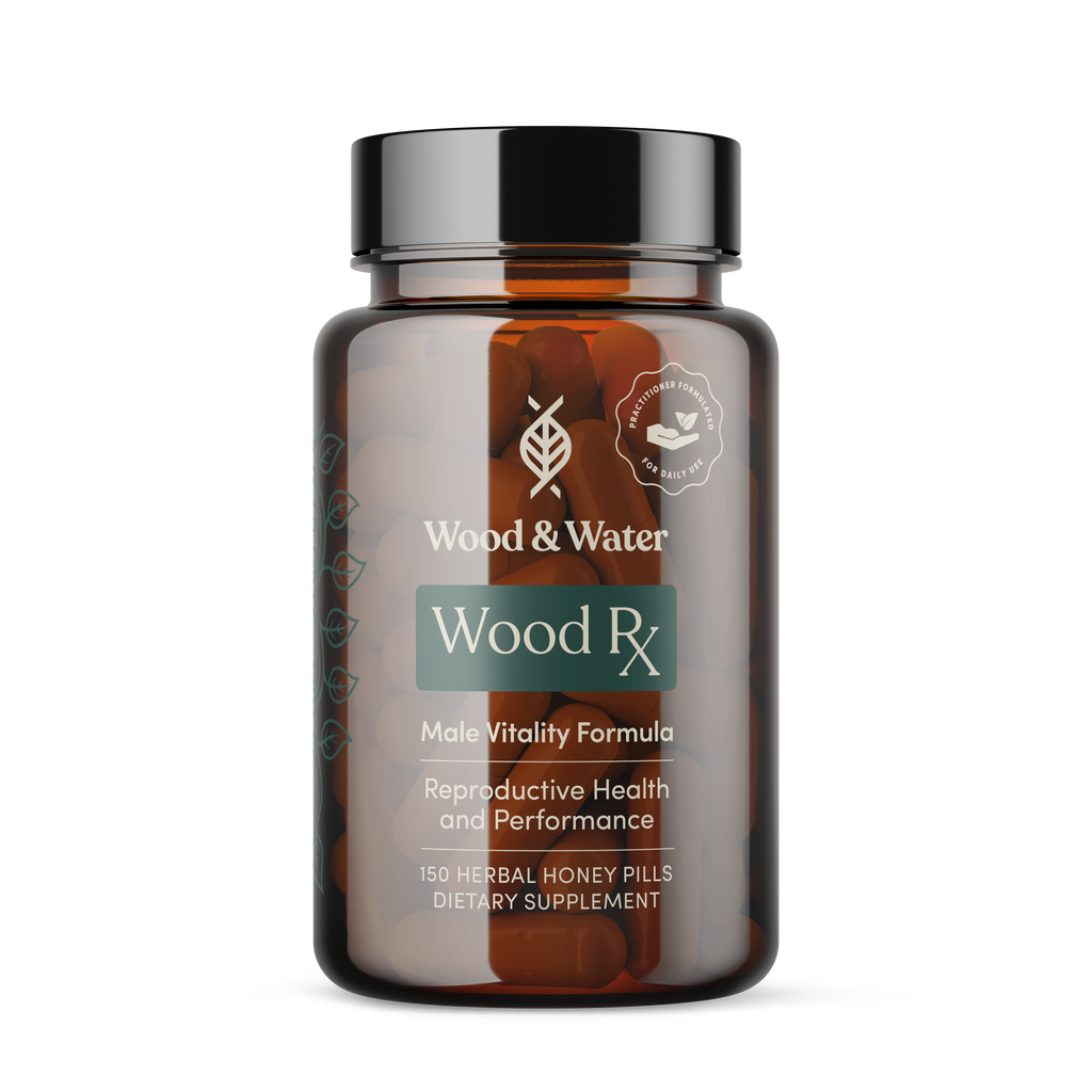 Wood Rx bottle — a 10-herb traditional Chinese medicine kidney yang tonic for men, 150 honey pearls, 30-day supply